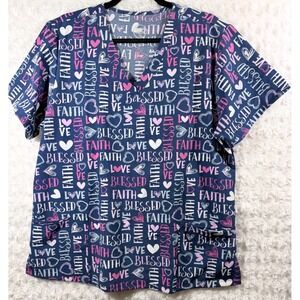 Divine Stretch JDM Uniforms Size 2X Navy Faith Love Blessed Hearts Scrub Top